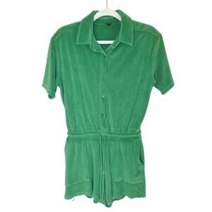 Monrow Terry Cloth Romper Green Short Sleeve Button Up Size Small